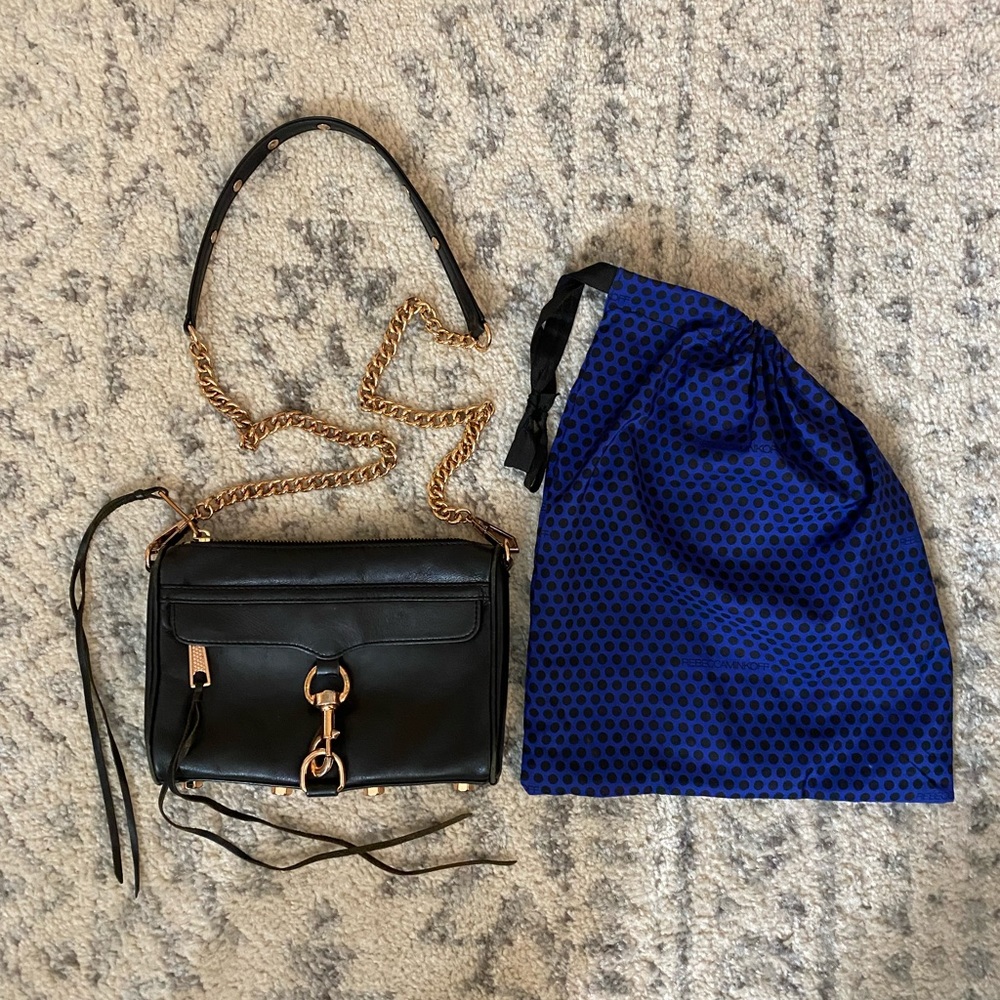 Rebecca Minkoff Mini Mac Crossbody Purse black with rose gold chain